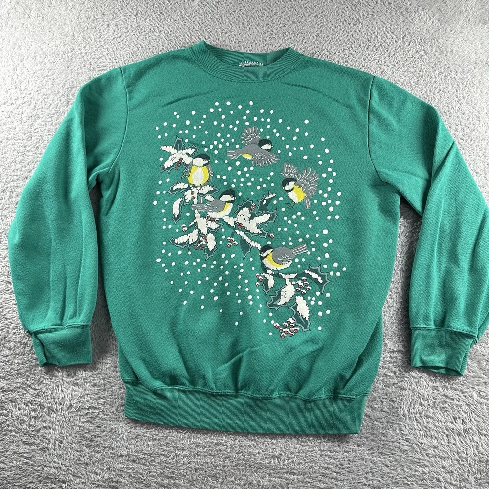 VINTAGE Nature‎ Crewneck Mens Small Birds Winter Teal Blue Single Stitch Light